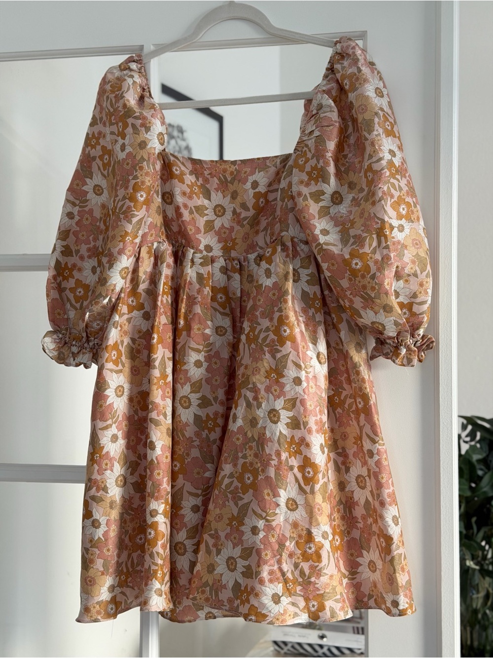 Storia Pink & Mustard Floral Puff-Sleeve Mini Dress